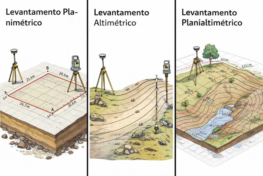 ilustrações de três tipos de levantamento topográfico