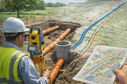 engenheiro com EPÌs usando equipamento de topografia em projetos de saneamento